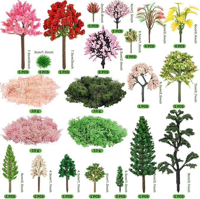 36 Pcs Mixed Model Trees with 40g Moss Pink and Green, Diorama Trees Grass Mini Fake Miniature Trees Moss for Building Model, Model Train Scenery, Natural Green Landscape, Railroad Scenery