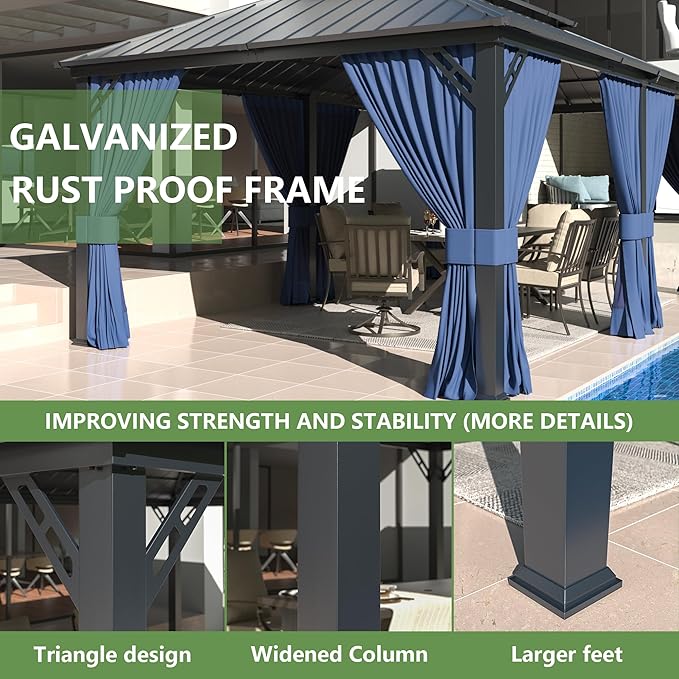 12' x 20' Hardtop Gazebo,Outdoor Galvanized Steel Metal Double Roof Gazebo with Curtains and Netting for Patios, Gardens, Lawns,Navy Blue
