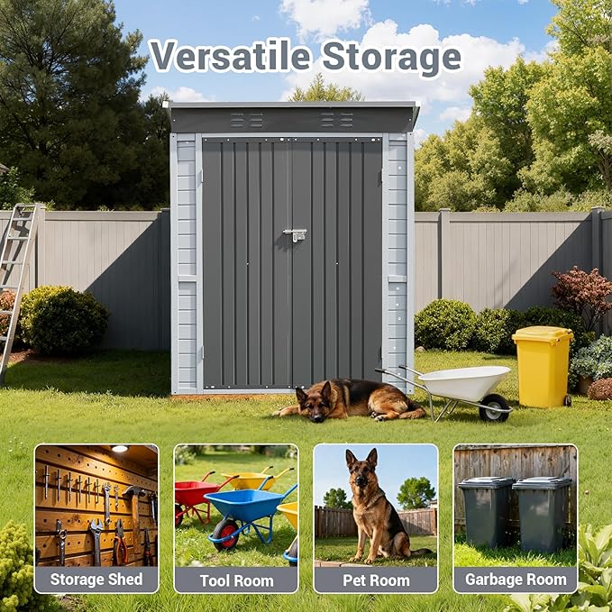 Galvanized Steel Frame & Solid Cedar Wood Wall Shed | 3x5ft Outdoor Storage Shed with Lockable Double Doors & Ventilation Windows for Garden, Lawn, Patio