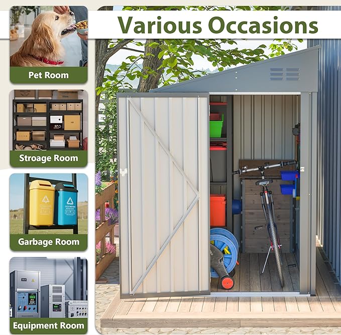4x8 FT Outdoor Storage Shed,Lean to Lockable Metal Garden Shed Steel with Reinforced Beams,All Weather Waterproof Storage House W/Lockable Door,for Backyard,Patio,Lawn,Garden,Dark Gray