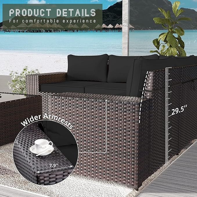 Outdoor Patio Furniture Set, 6 PCS Outdoor Furniture All Weather Patio Sectional Sofa PE Wicker Modular Conversation Sets with Coffee Table,5 Chairs & Seat Clips Black