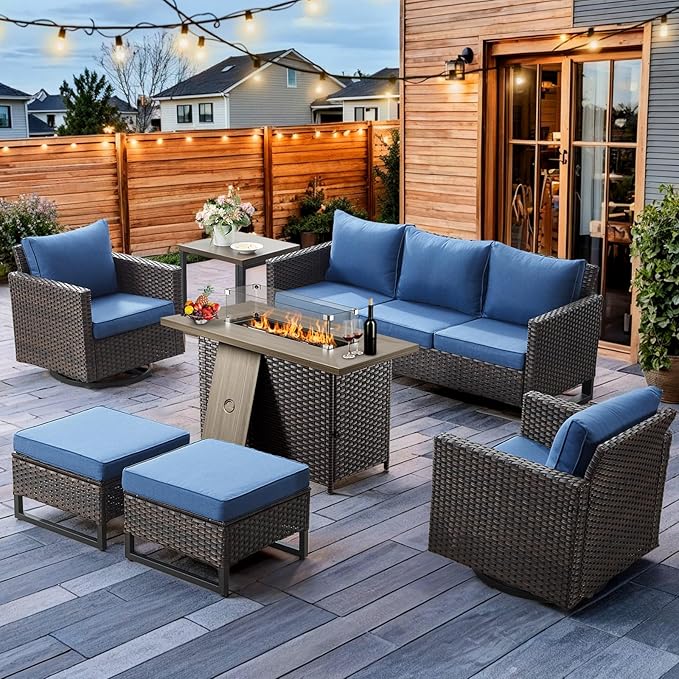 HUMMUH 7 Piece Patio Furniture Set with Fire Pit Table 41in 55,000 BTU,Wicker Outdoor Conversation Sets - Outdoor Swivel Rocker Chairs Patio Sofa for Porch,Garden,Backyard