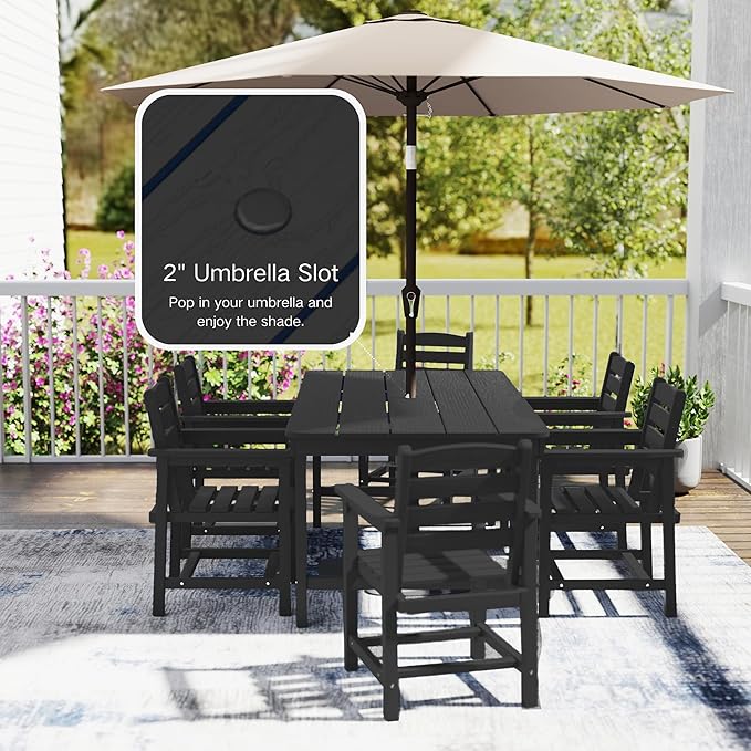 7 Piece Patio Dining Set with 11ft Patio Umbrella (Royal Blue), 7 Black Outdoor HDPE Dining Set with 6 Chairs + 1 Large Table, for Market, Pool, Garden, Backyard, Deck