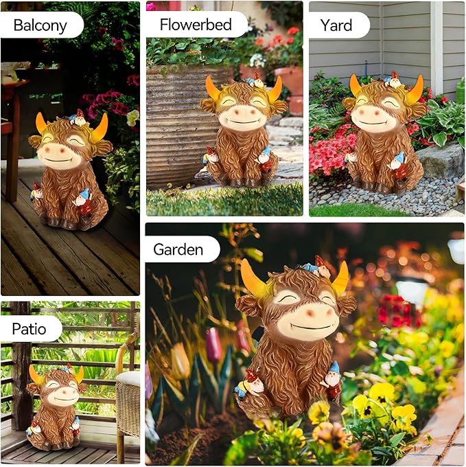 Solar Garden Statue Highland Cow Figurine with Funny Gnomes Garden Outdoor Decor for Yard Patio Lawn Christmas Housewarming Gifts for Women,Mom,Grandma (Brown)