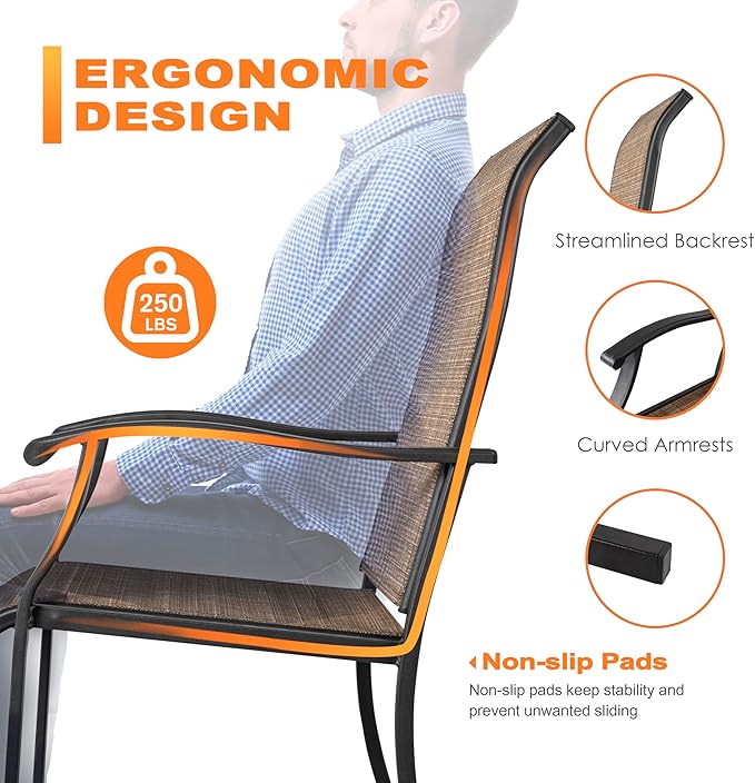 NUU GARDEN 4 Piece Outdoor Patio Dining Chairs, Textilene Dining Chairs with High Back, Patio Furniture Chairs with Armrest, Iron Frame for Lawn Garden Backyard Deck, Black and Brown