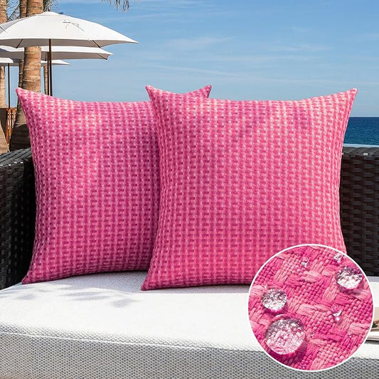 Kevin Textile Outdoor Waterproof Throw Pillow Covers Pack of 2 Farmhouse Decorative Cushion Covers for Garden Patio Tent Balcony Bench Couch Sofa 22x22 Inch, Hot Pink