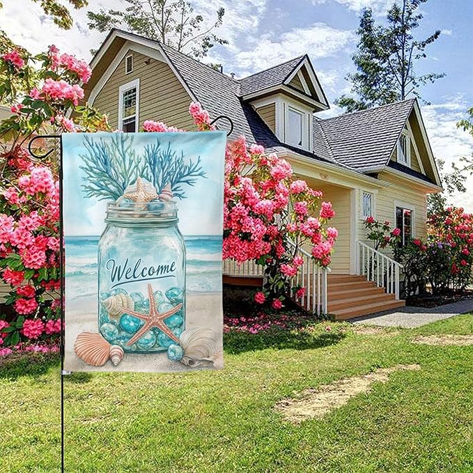 Seashells Ocean Garden Flag Vertical Double Sided Outdoor Yard Flags 12.5x18 Inch Burlap Banners Vertical Double Sided for Outdoor Decor Lawn