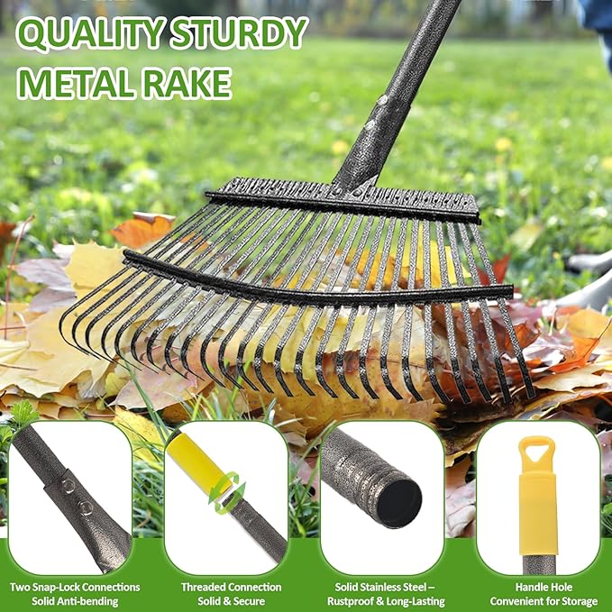 Garden Leaf Rake Set with 25 Tines, Heavy Duty Metal Rake for Leave (Adjustable 73" Long, 18" Wide) with 32 Gallon Reusable Leaf Bag, Ideal for Yard Lawn Shrub Gardening