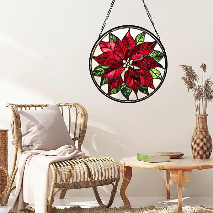 Stained Glass Window Hanging - Red Poinsettia Birth Flower Suncatcher for Door Garden Yard Sun Catchers Decor Christmas Mother's Day Birthday Gifts for Women Mom Nana Friend Men 11.8 in
