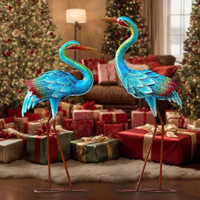 Natelf Crane Statues for Garden Decor, Blue Heron Sculptures, Metal Large Birds Lawn Sculptures & Statue for Patio Pond, Yard Decorations, Set of 2