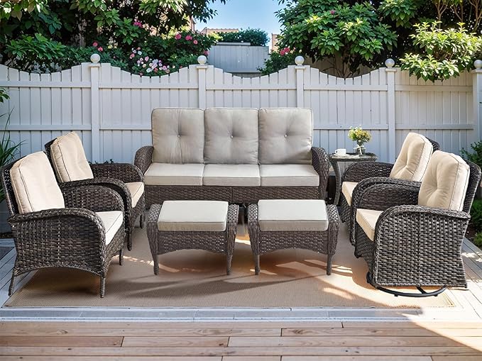 HUMMUH 8-Piece Outdoor Patio Furniture PE Wicker Patio Conversation Set,High Back Patio Couch with Ottomans Outdoor Chairs for Backyard,Porch,Deck