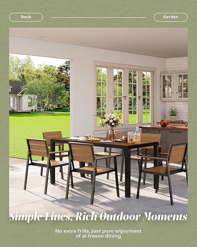 Outdoor Dining Set, Patio Table and Chairs of 4, Aluminum Outdoor Furniture Set with Umbrella Hole, HDPS Patio Dining Table Set for 4 (Gray-Teak)