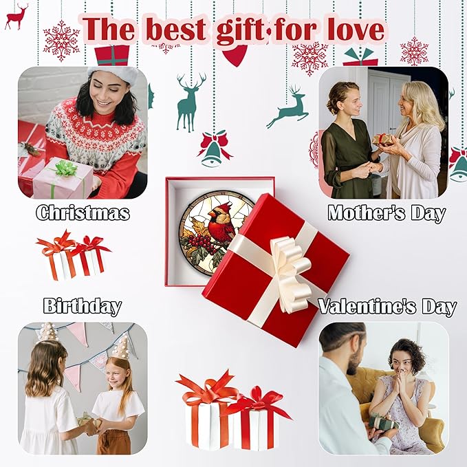 Stained Glass Window Hanging, Birds on a Branch Cardinal Sun Catchers Diamond Glass Panel Hangings Suncatcher Decor for Birthday for Women, Men, Wife, Aunt,and Mom 7.8X7.8IN