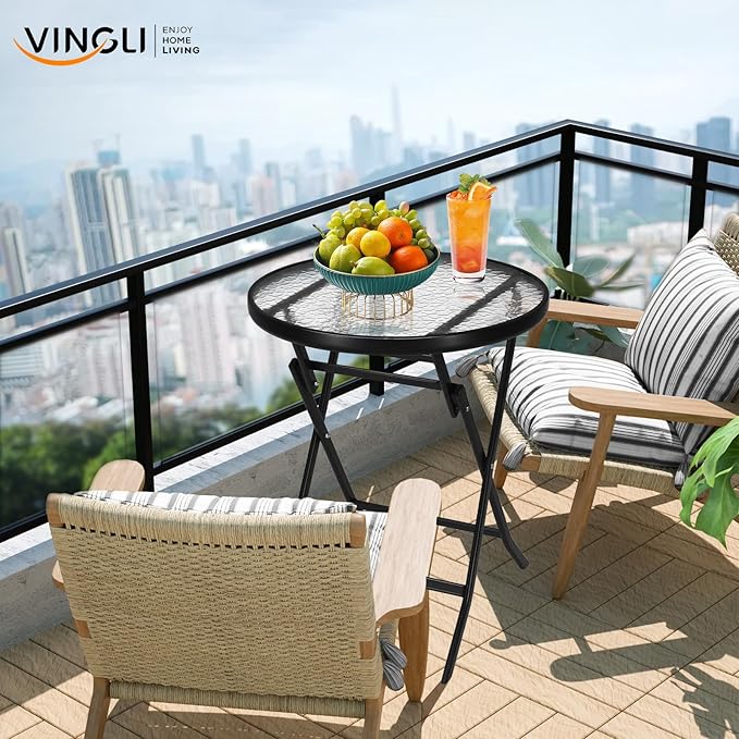 VINGLI Folding Glass Outdoor Side Table, 23.6 Inches Small Foldable Patio Bistro Table with Tempered Glass Table Top for Lawn & Garden, Balcony, Porch and Pool, Round