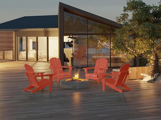MUCHENGHY Folding Adirondack Chairs Set of 4, Patio Chairs, Lawn Chairs, Outdoor Chair, Adirondack Chair Plastic, Fire Pit, Weather Resistant with Cup Holder for Deck, Backyard, Garden(Orange)