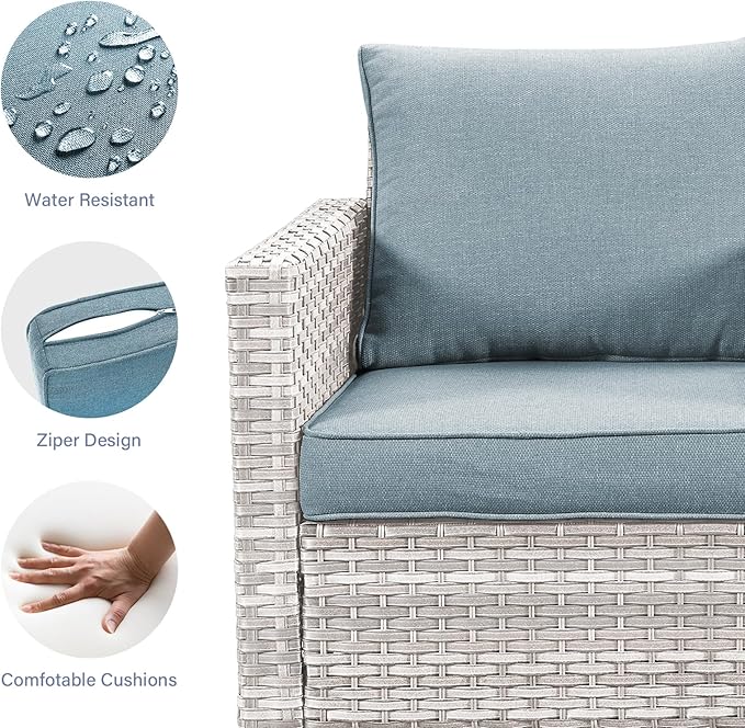 Rilyson Wicker Outdoor Patio Chairs Set of 2-2 Piece Rattan Chairs with Waterproof Wicker,Comfortable Cushions and Sturdy Metal Frame for Outside Porch Deck Backyard(Light Grey/Sky Blue)