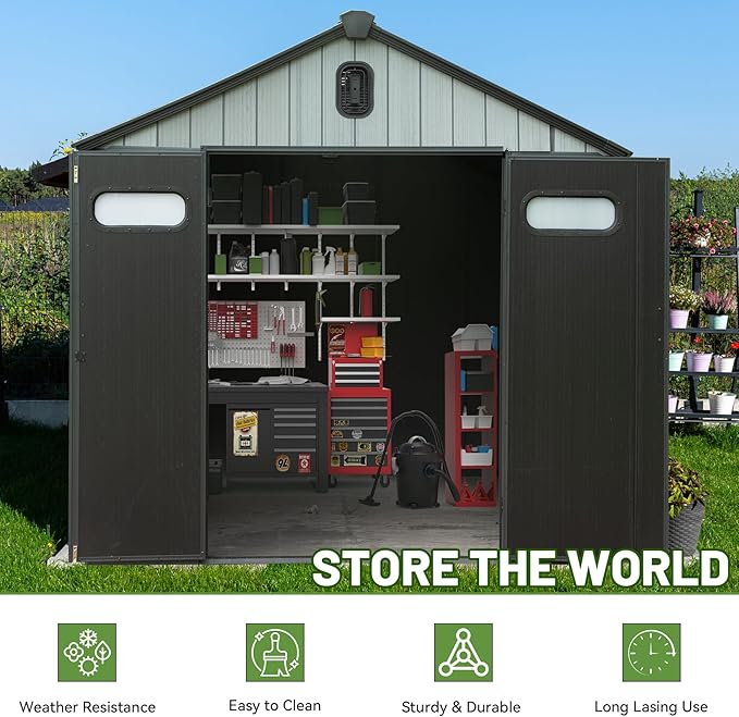 6X6 FT Outdoor Resin Storage Shed, Waterproof Plastic Garden Shed with Lockable Door, Windows & Vents, Outside Storage Tool Shed for Patio Furniture, Lawn Mower, Bike