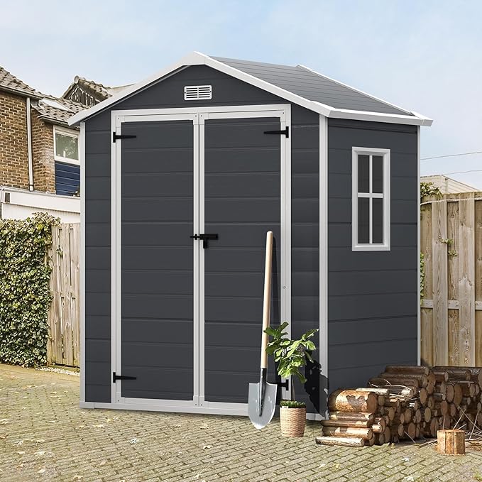 Seizeen 6x4.4ft Resin Shed with Floor, Waterproof Outdoor Plastic Shed w/Lockable Doors, Window & Vents, Outdoor Storage Shed for Storing Lawn Mower, Patio Furniture, Tools, Bike (Dark Gray)