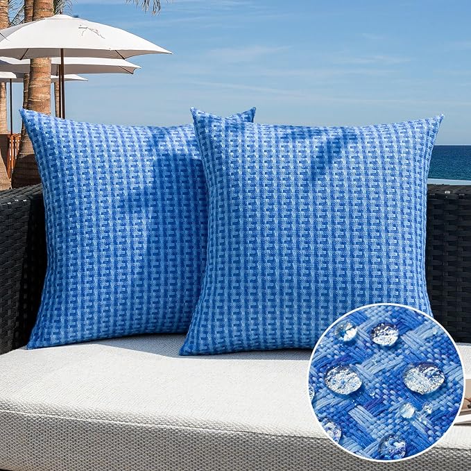 Kevin Textile Outdoor Waterproof Throw Pillow Covers Pack of 2 Farmhouse Decorative Cushion Covers for Garden Patio Tent Balcony Bench Couch Sofa 22x22 Inch, Blue