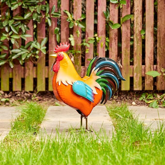 Glitzhome Metal Vibrant Standing Rooster Statue, Rustic Yard Signs 21 Inch Garden Rooster Sculpture for Farm Patio Lawn Porch Home Decor