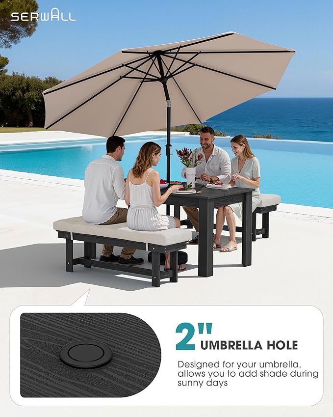 SERWALL Patio Dining Set for 4, Outdoor Dining Sets for 4 Person with 1 Umbrella Hole Cut-Out Rectangular Table and 2 Benches, HDPE Dining Sets for Garden, Backyard, Poolside, Black