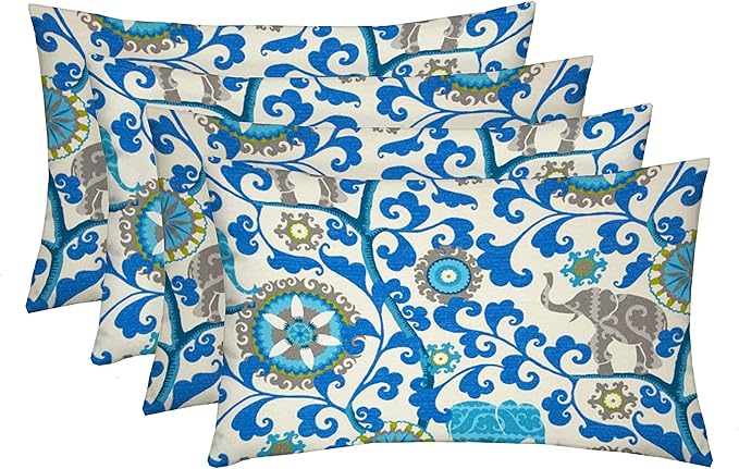RSH DECOR: Lumbar Throw Pillows Set of 4 | 20” x 12" | All-Weather Spun Fabric | Water and Fade-Resistant | Outdoor Support Pillows for Patio Furniture | Blue Elephant Bohemian