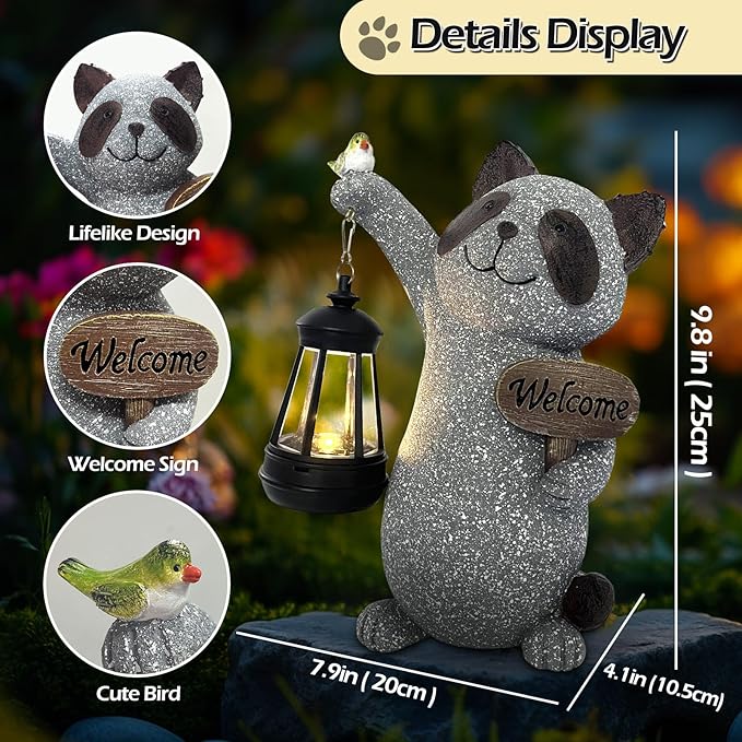 Raccoon Garden Statue with Solar Lantern, Cute Raccoon Figurine Light with Welcome Sign and Bird for Outdoor Patio Balcony Yard, Unique Resin Statue for Mom Grandma Women