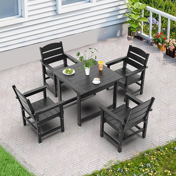 5-Piece HIPS Patio Dining Set, Outdoor Dining Table and Chairs Set with Umbrella Hole, Weatherproof Dining Table Set for 6 Person, Patio Furniture Set for Outside Deck, Black