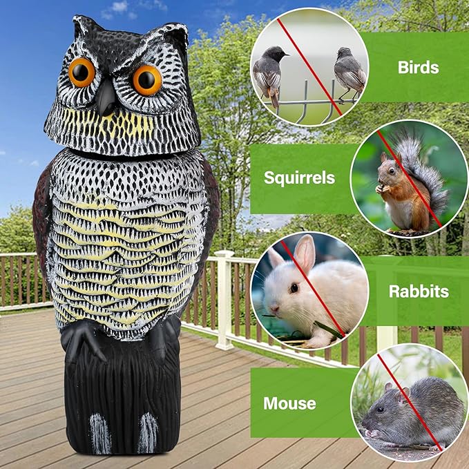 Owl Decoys to Scare Birds Squirrels Away, Rotatable Head Plastic Bird Deterrent, Waterproof Garden Owls Statue for Patio Yard Farm Protection Against Birds, Squirrels, Rabbits, Raccoons