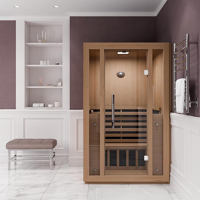 SteamSpa 1-2 Person Low EMF Carbon FAR Infrared Hemlock Wood and Tempered Glass Indoor Home Sauna Room with Redlight Heating Tube, LED Touch Control Panel, Color LED Therapy Light, Bluetooth Speaker