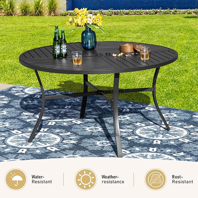 7 Piece Outdoor Dining Set for 6, 54" Round Metal Table with Umbrella Hole, 6 Blue Dining Chairs, Patio Table and Chairs Set for Backyard Lawn