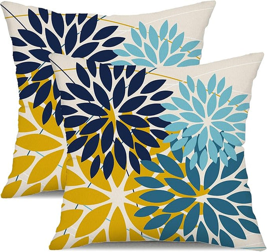 DFXSZ Outdoor Pillow Covers 20x20 Inch Set of 2 Green Yellow Blue Flower Decorative Waterproof Spring Summer Outdoor Pillow Covers for Patio Funiture Garden Couch 168F20