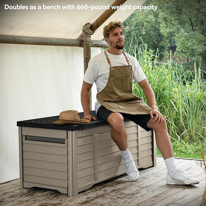 DWVO Outdoor Louver Storage Deck Box w/120 Gallon Capacity, Large Storage Box for Outdoor Pillows, Garden Tools and Pool Supplies, Resin, Waterproof, Lockable (Black & Brown)