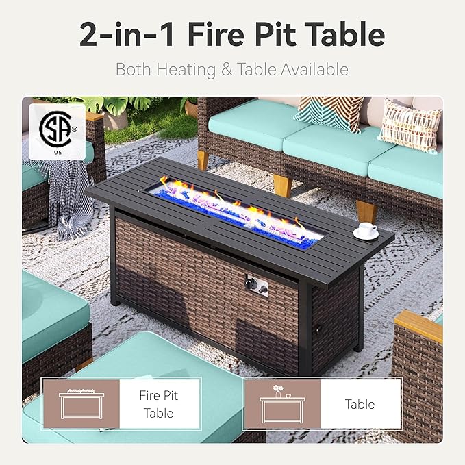GREEN PARTY 7 Pieces Wicker Patio Furniture Set with 56" Fire Pit Table, All-Weather Outdoor Rattan Patio Half-Moon Curved Sectional Sofa Conversation Set with 4" Thick Cushions for Backyard (Blue)