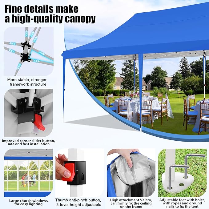 COBIZI 10x20 Pop Up Canopy with 6 Sidewall, Commercial Canopy UPF 50+ Waterproof Outdoor Gazebo with Carry Bag, Tents for Parties with Upgrade Frame, 3 Height Adjustable, Blue