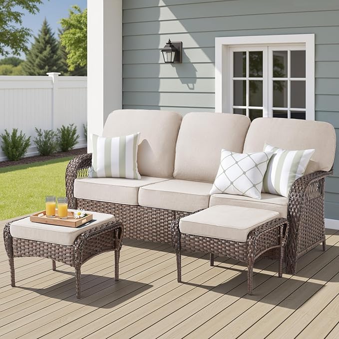 Patio Furniture Set, All Weather 3 Pieces Wicker Outdoor Small Sectional Set, 5" Thick Rattan Conversation Set with 3-seat Sofa and Ottoman for Lawn, Garden, Beige/Brown Wicker