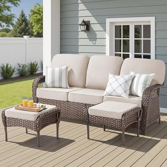 Patio Furniture Set, All Weather 3 Pieces Wicker Outdoor Small Sectional Set, 5" Thick Rattan Conversation Set with 3-seat Sofa and Ottoman for Lawn, Garden, Beige/Brown Wicker