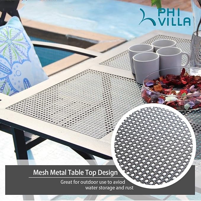 PHI VILLA Patio Dining Set 5 Pcs 1 Metal Square Garden Umbrella Table 37" and 4 Armrest Chairs Support 300 lbs for Ourdoor Backyard Bistro Furniture Set
