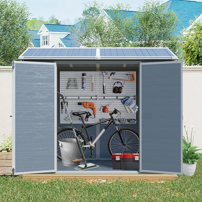 8 x 4 FT Outdoor Storage Shed, Outdoor Resin Shed with Two-Window and Double-Door, Plastic with Floor for Gargen, Patio, Yard, Lawn (Gray)