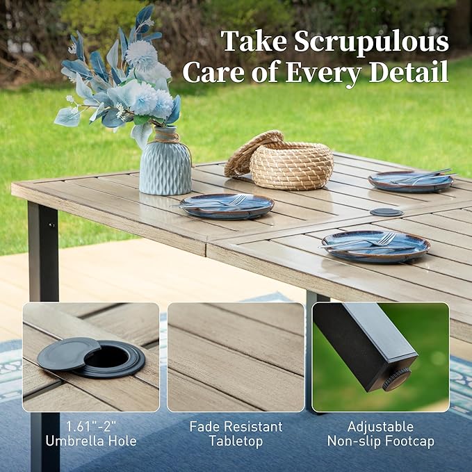 7 Piece Patio Dining Sets for 6, Outdoor Table and Chairs with Cushioned Wicker Patio Dining Chairs & Wood-Like Dining Table (1.61-2”Umbrella Hole), Outdoor Dining Sets for Backyard