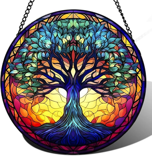 Tree of Life Suncatcher -7.9 in Stained Glass Window Hanging Catcher Garden Decor