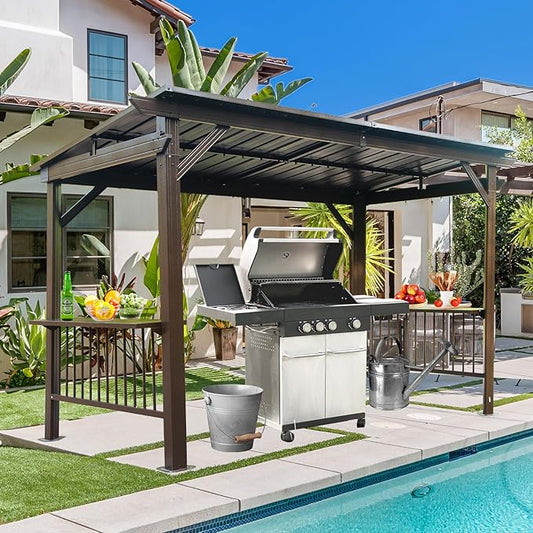 Domi 6.5x12FT Hardtop Grill Gazebo, Outdoor BBQ Gazebo with 2 Side Shelves and Ceiling Hook, Outdoor Grill Canopy with Galvanized Steel Slope Roof for Patio Lawn Backyard Deck, Brown