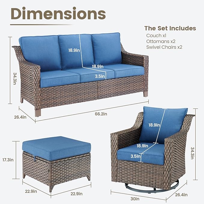 Outdoor Wicker Patio Furniture Set - 5 Piece Outside Rattan Conversation Bistro Dining Chair Sets with Rocking Swivel Chairs, 3-Seat Couch and Ottomans for Porch Yard Balcony – Brown/Blue