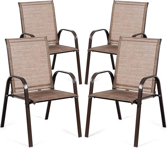 Tangkula 4 Piece Patio Dining Chairs, Outdoor Bistro Chairs W/Curved Armrests, Easy-to-Dry Fabric, Reinforced Steel Frame, Wide & Comfortable Camping Chairs for Garden, Poolside, Backyard (2, Brown)