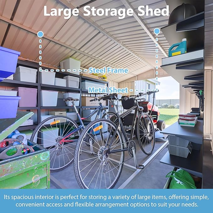 10x14 FT Shed Outdoor Storage Metal Large Garden Tool Sheds with 3 Lockable Doors Floor Frame Gable Roof Waterproof Steel Utility Equipment Sheds for Backyard Patio Lawn Poolside, Grey