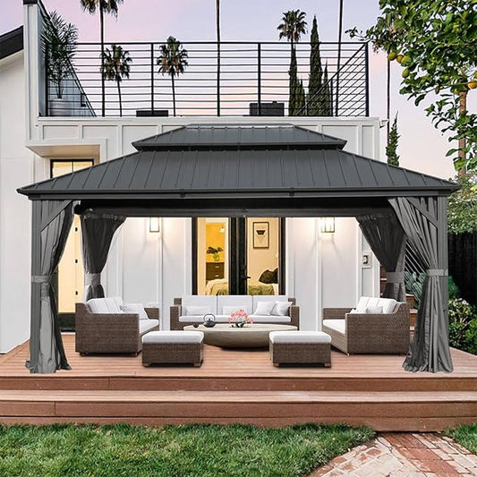 Domi Hardtop Gazebo 10x14FT, Aluminum Outdoor Gazebo with Galvanized Steel Double Roof Canopy, Curtains and Netting Included, Metal Gazebo Permanent Pavilion for Patio, Lawn, Garden, Gray