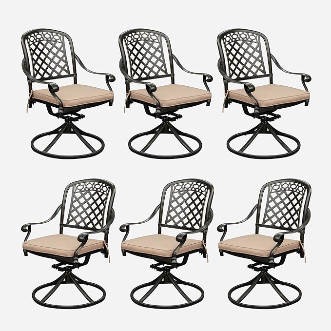 Set of 6 Cast Aluminum Patio Chairs with Cushions, All-Weather Aluminum Outdoor Swivel Chairs, Metal Outdoor Rocking Chairs for Backyard, Poolside and Bistro (Khaki, 6 Pieces)