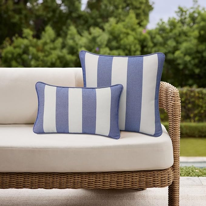 Decorative Outdoor Water Repellent Throw Pillows with Inserts, Set of 4, 20" x12" Pillows for Patio, Backyard, Bed, Couch, and Patio Furniture, Navy Stripe