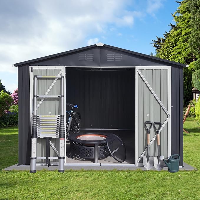 10x12 FT Metal Outdoor Storage Shed & Double Hinged Large Door - Heavy-Duty Shed with Floor, Lockable & Ventilation - Rainproof Windproof Large Utility Garden Shed for Backyard Patio Lawn-Dark Gray