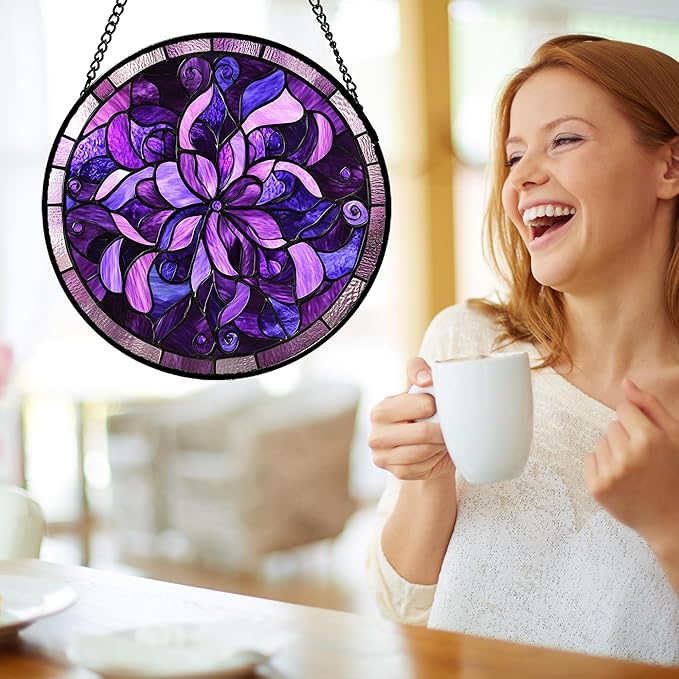 Stained Glass Window Hanging - Purple Abstract Flower Suncatcher for Door Garden Patio Sun Catchers Decor Christmas Mother's Day Birthday Gifts for Women Men Mom Nana Aunt Friend 11.8 in